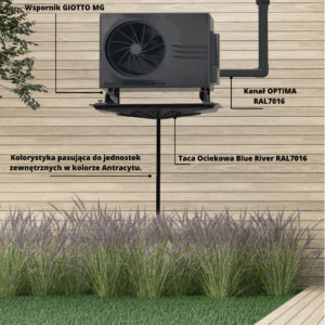 Wspornik-scienny-GIOTTO-MG-160-EVO,-uchwyt---160kg,-RAL7016-Antracyt,-bez-belki-montazowej---grafika-z-propozycja-montazu-z-antracytowa-jednostka-zewnetrzna-oraz-taca-ociekowa-w-tym-samym-kolorze.