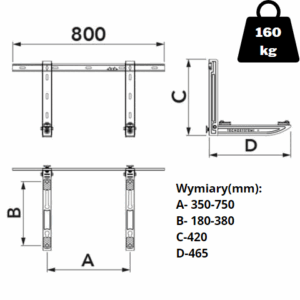 Wspornik-scienny-GIOTTO-SG-160-EVO,-uchwyt---160kg,-z-belka-montazowa---rysunek-techniczny