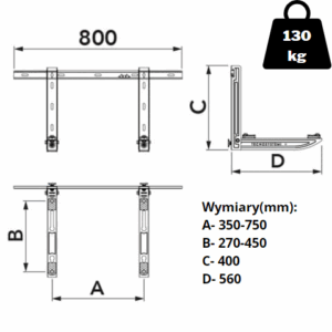 Wspornik-scienny-LEONARDO-SL,-L500,-uchwyt---130kg,-z-belka-montazowa---rysunek-techniczny